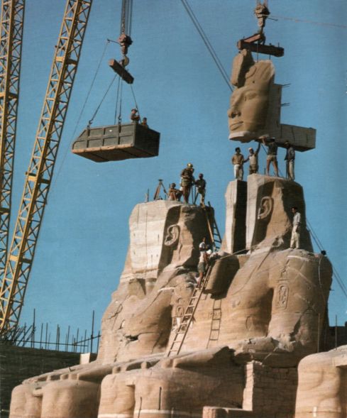 The statue of Ramses the Great at the Great Temple of Abu Simbel is reassembled after having been moved in 1967 to save it from being flooded. (image source: sv:Forskning & Framsteg 1967 issue 3, page 16)