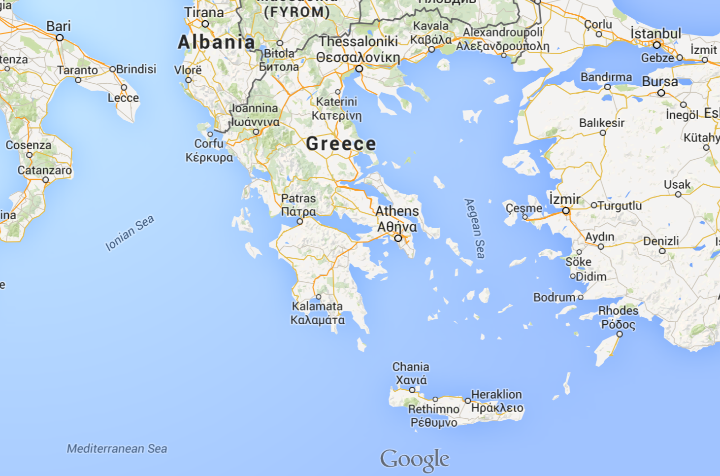 Screen shot of Greece from Google Maps.